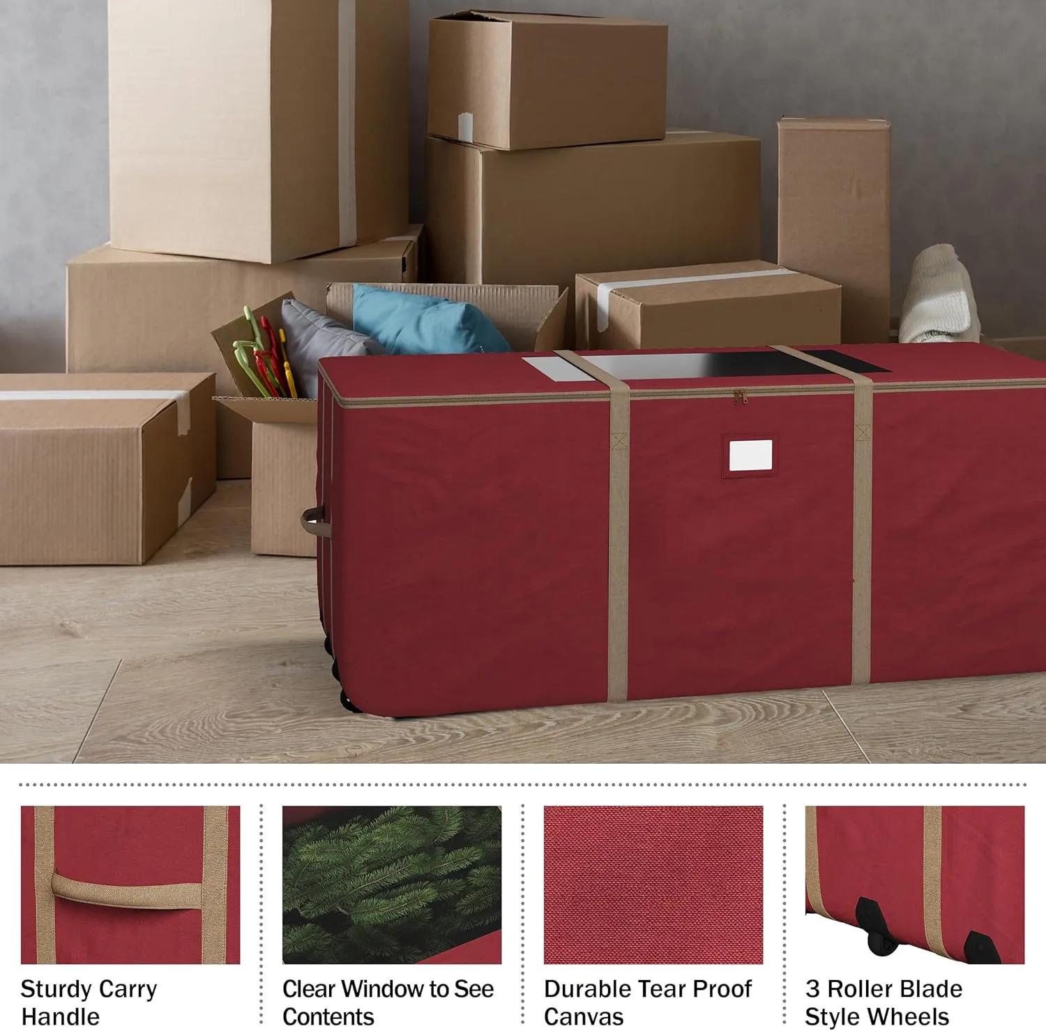 Christmas Tree Storage Tote with Wheels - Rolling Holiday Container for 9-Foot Faux Trees, Garlands, Inflatables, and Other Decor by Elf Stor (Red)
