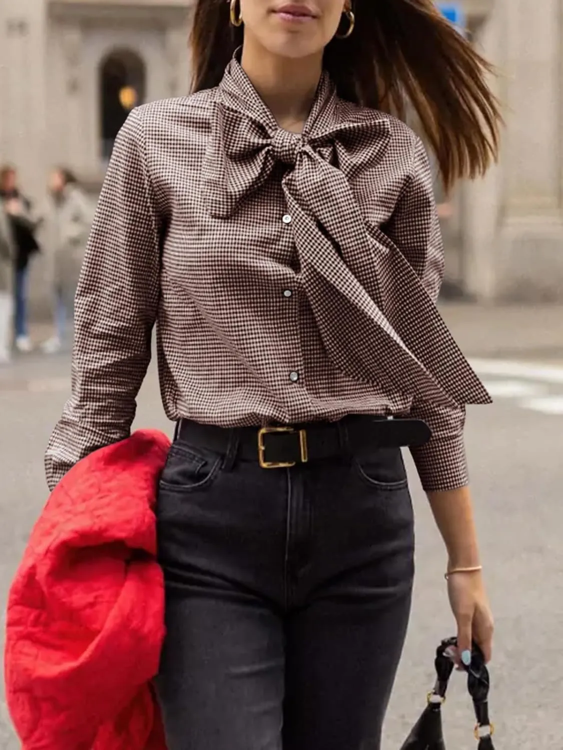 Cicy Bell Womens Plaid Shirts Bow Tied Neck Button Down Long Sleeve Casual Dressy Blouse Tops