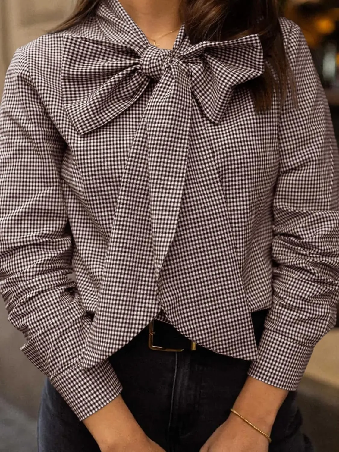 Cicy Bell Womens Plaid Shirts Bow Tied Neck Button Down Long Sleeve Casual Dressy Blouse Tops