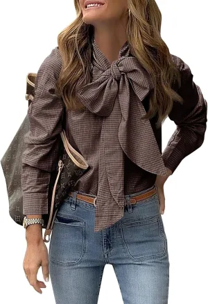Cicy Bell Womens Plaid Shirts Bow Tied Neck Button Down Long Sleeve Casual Dressy Blouse Tops