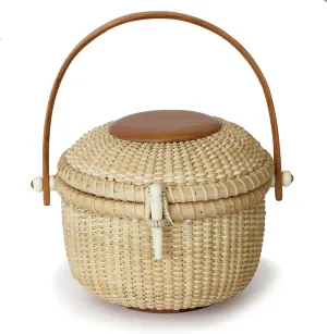 Circular Nantucket Evening Bag handbag Covered Baskets Are Handy Hardwood Swing handles Cane-on-cane weave