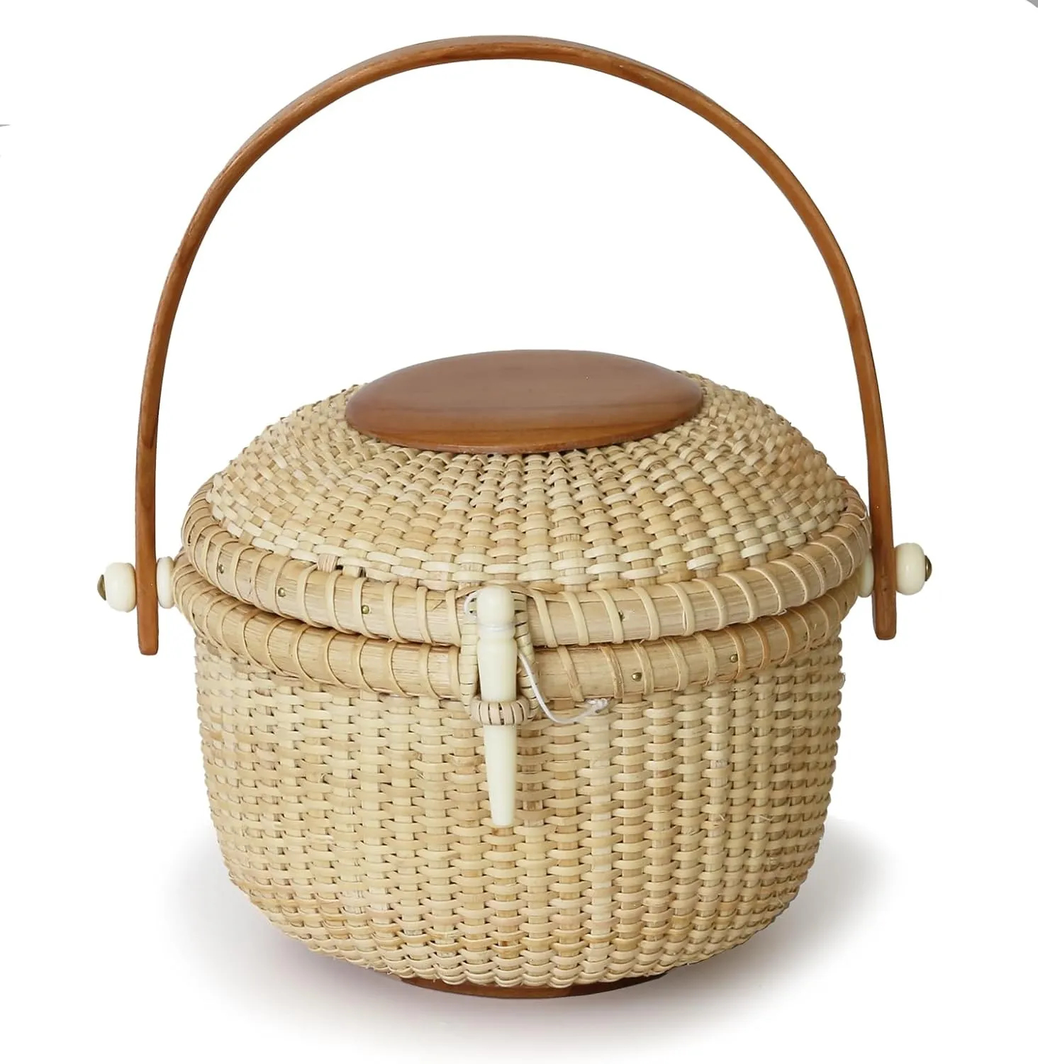 Circular Nantucket Evening Bag handbag Covered Baskets Are Handy Hardwood Swing handles Cane-on-cane weave