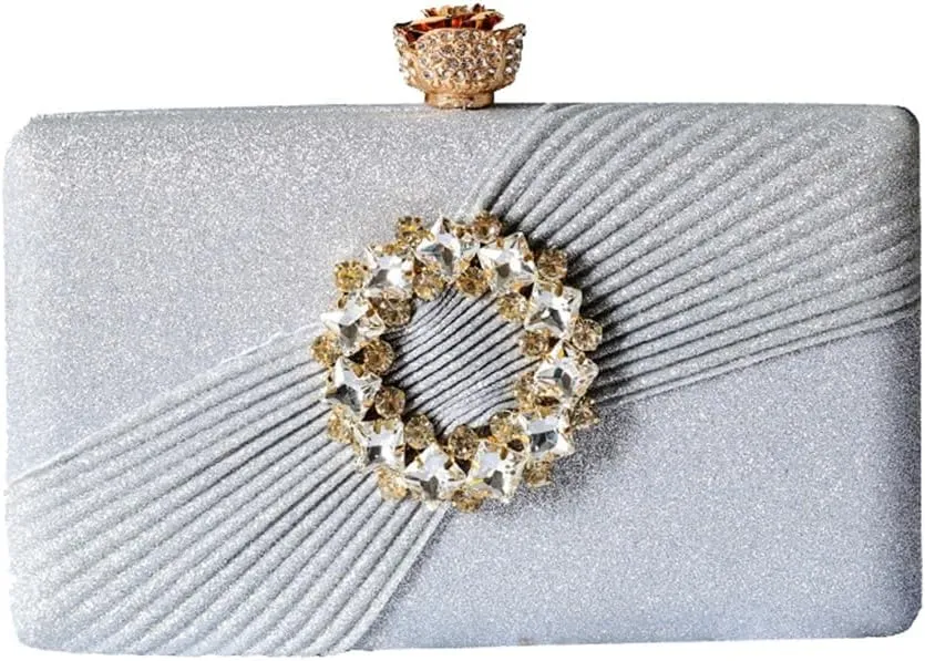 Classy Pleated Clutch Purse Simple Crystal Brooch Decorated Evening Bag Formal Occasion Casual Party Purse for Women