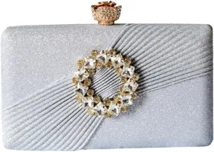 Classy Pleated Clutch Purse Simple Crystal Brooch Decorated Evening Bag Formal Occasion Casual Party Purse for Women