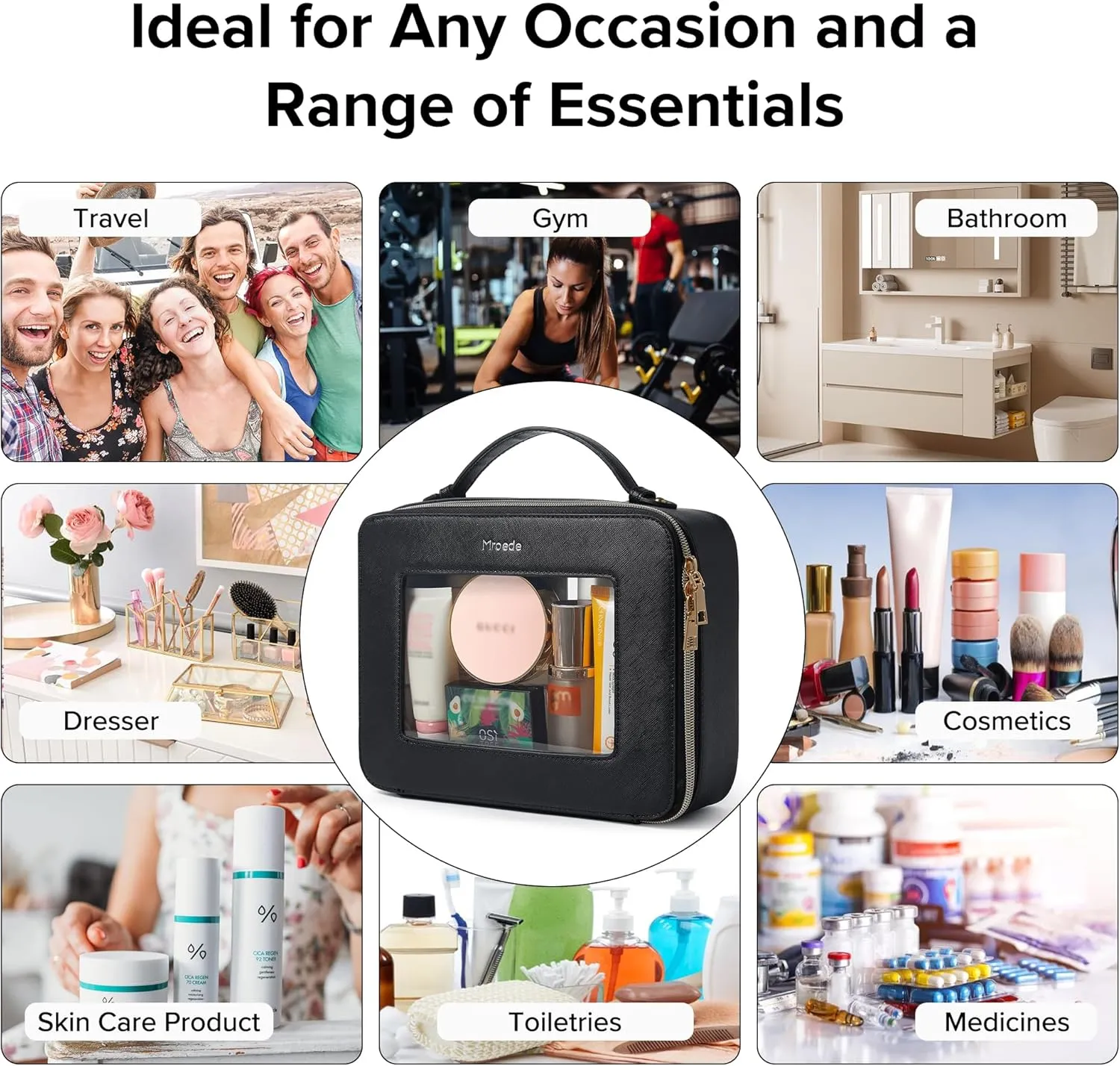 Clear Makeup Bag Portable Travel Cosmetic Bags Multipurpose Clear Makeup Bags with Handle Transparent Toiletry Bag Make Up Bag Organizer for Women Traveling Car Essentials,Large,Black