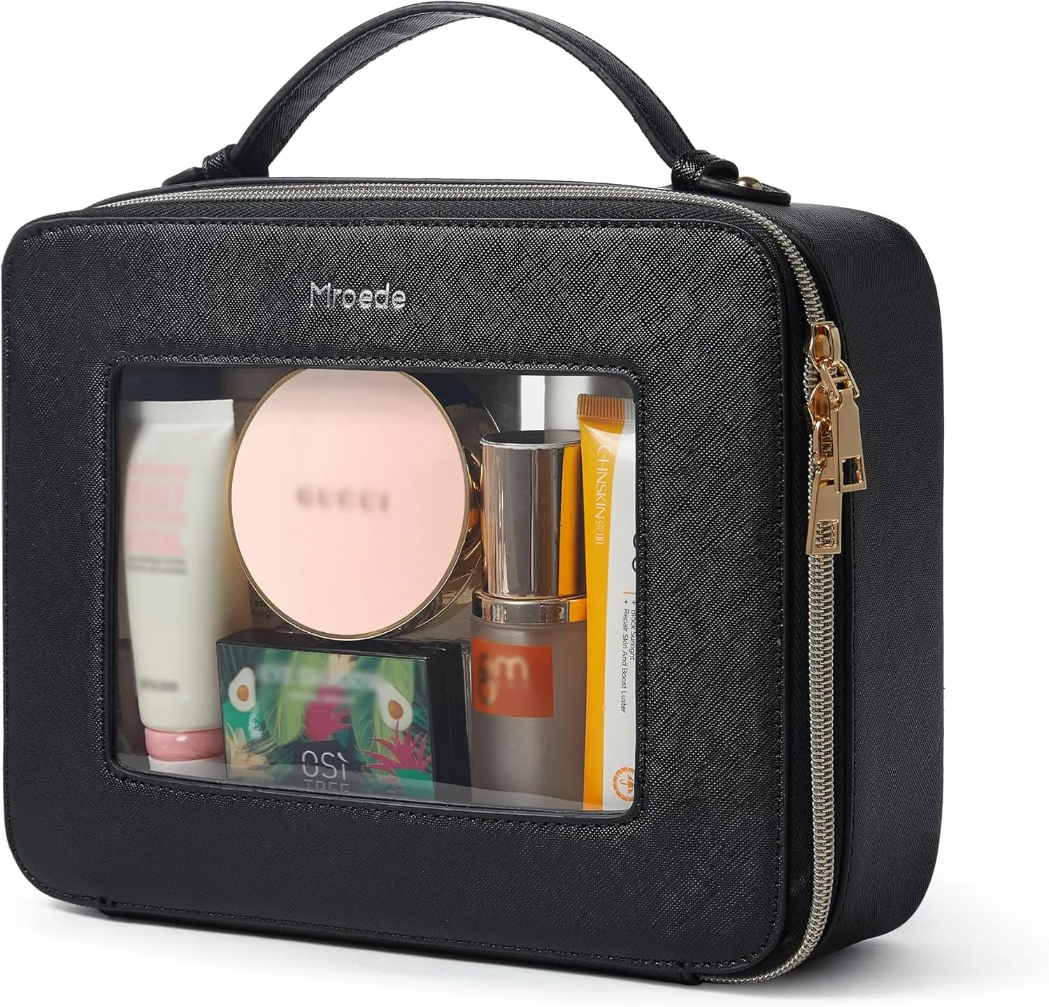 Clear Makeup Bag Portable Travel Cosmetic Bags Multipurpose Clear Makeup Bags with Handle Transparent Toiletry Bag Make Up Bag Organizer for Women Traveling Car Essentials,Large,Black