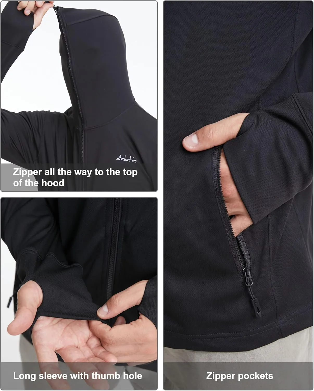 clothin Mens Lightweight Full Zip Hood Running Jacket with Zip Pockets for Fishing Hiking Travel