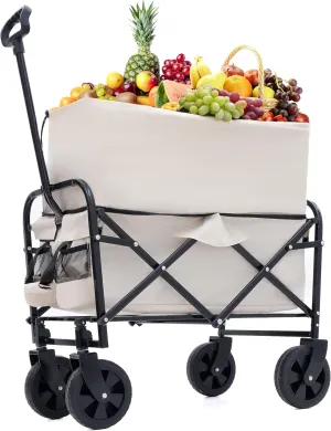 Collapsible Foldable Beach Wagon Cart Heavy Duty Utility Cart 225lbs Capacity Dark Blue All-Terrain Wheels - Camping, Shopping, Sports (Cream)