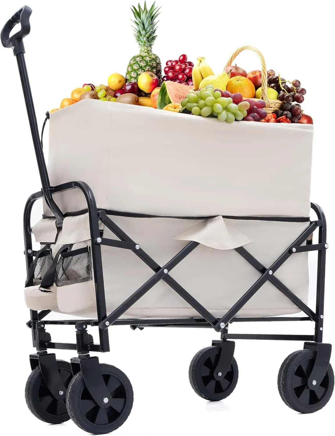 Collapsible Foldable Beach Wagon Cart Heavy Duty Utility Cart 225lbs Capacity Dark Blue All-Terrain Wheels - Camping, Shopping, Sports (Cream)