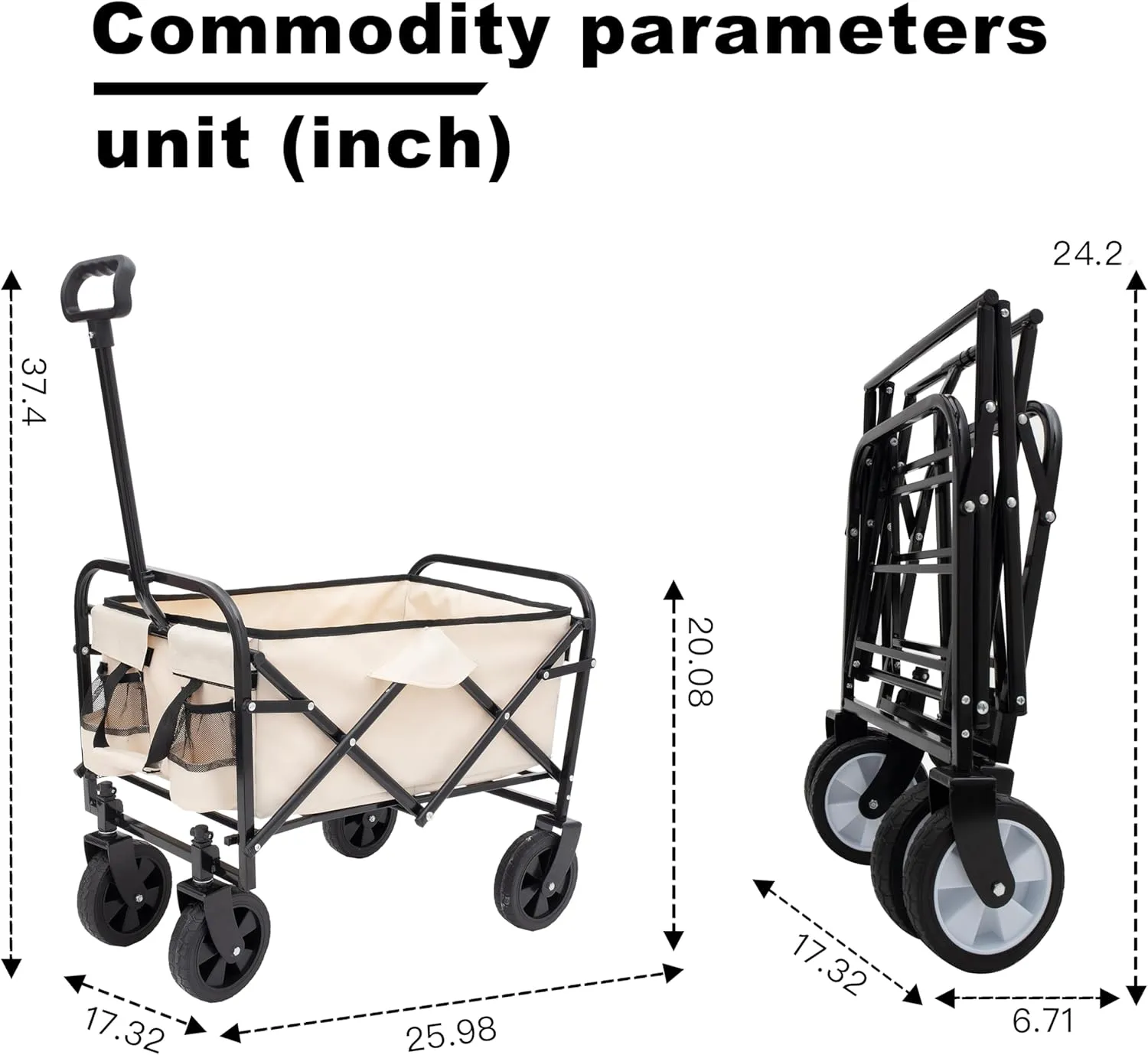 Collapsible Foldable Beach Wagon Cart Heavy Duty Utility Cart 225lbs Capacity Dark Blue All-Terrain Wheels - Camping, Shopping, Sports (Cream)