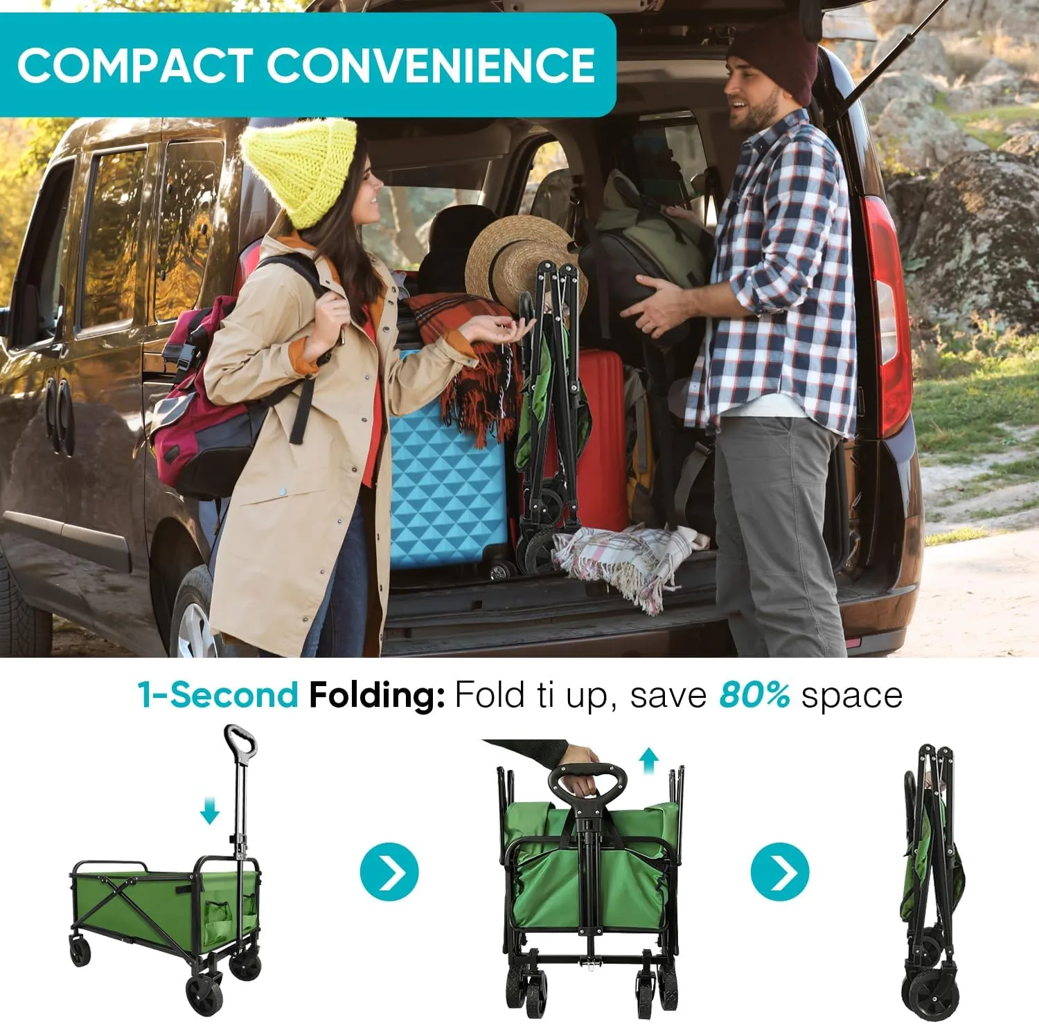 Collapsible Foldable Wagon, Beach Cart Large Capacity, Heavy Duty Folding Wagon Portable, for Outdoor Sports, Shopping, Camping, Green