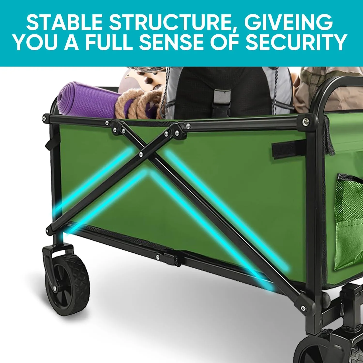 Collapsible Foldable Wagon, Beach Cart Large Capacity, Heavy Duty Folding Wagon Portable, for Outdoor Sports, Shopping, Camping, Green