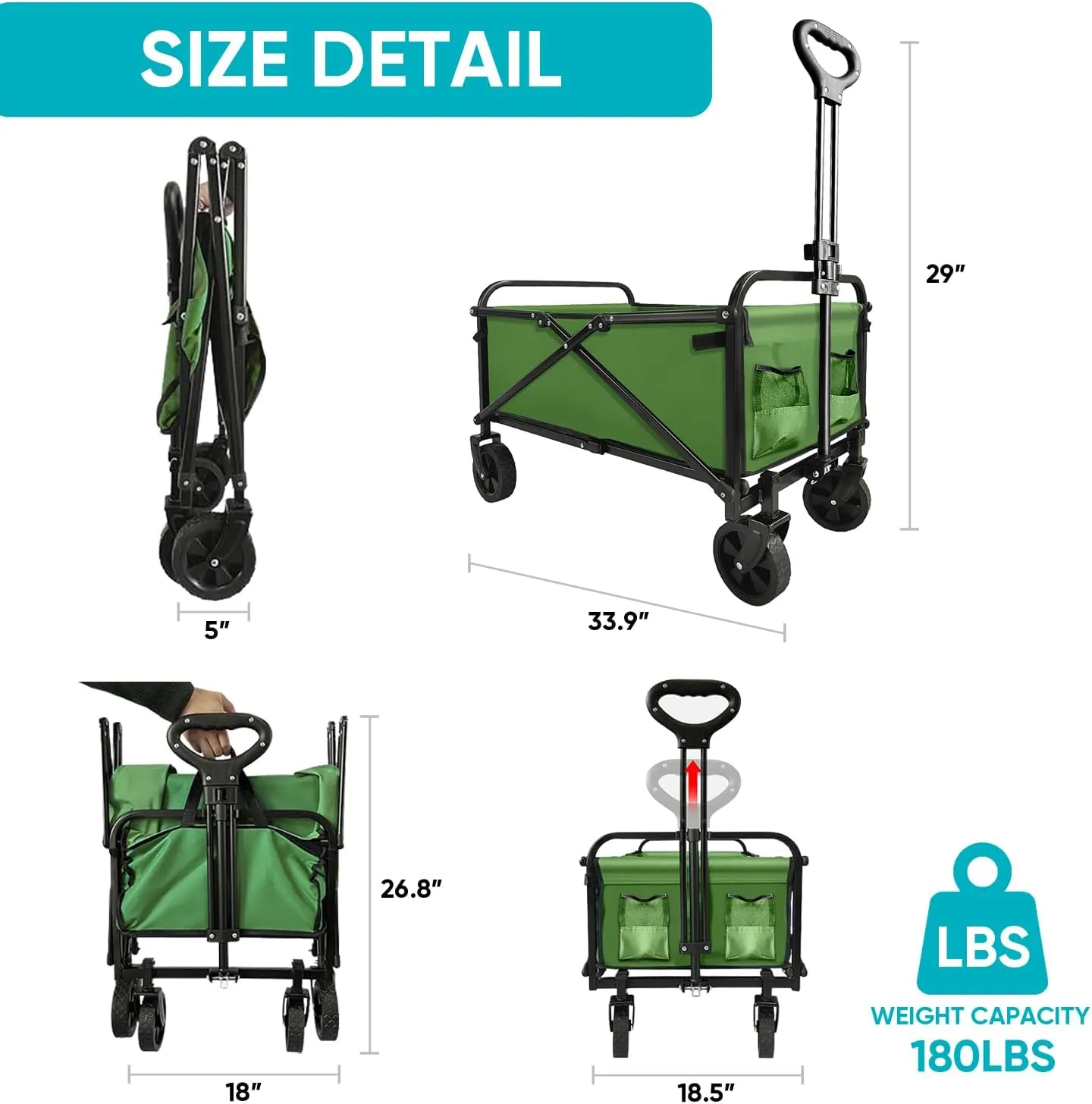 Collapsible Foldable Wagon, Beach Cart Large Capacity, Heavy Duty Folding Wagon Portable, for Outdoor Sports, Shopping, Camping, Green