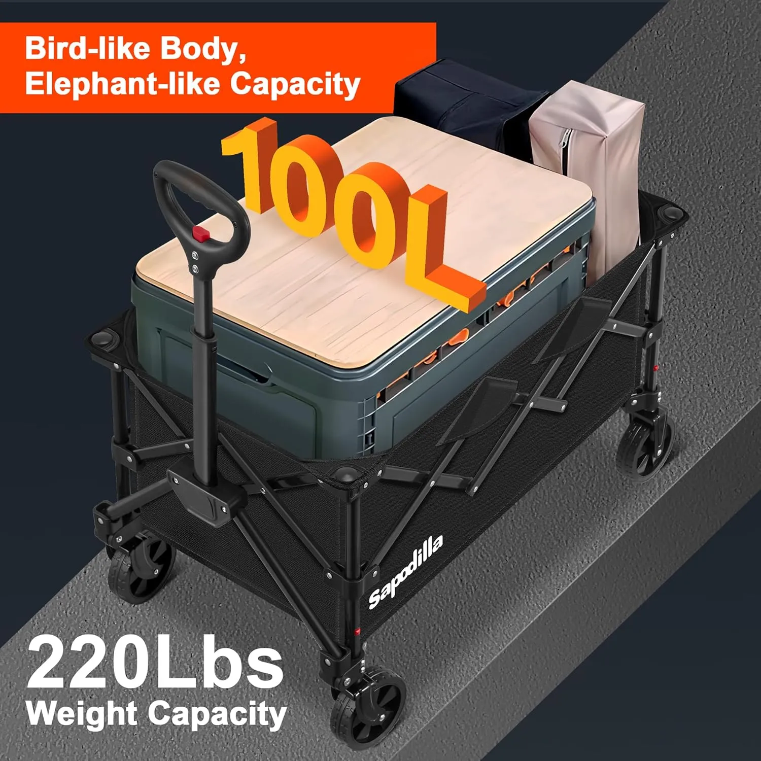 Collapsible Foldable Wagons with Wheels, Lightweight Wagon Cart with Large Capacity for Grocery,Gardening,Camping,Shopping,Black