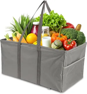 Collapsible Reusable Grocery Bags, Foldable Shopping Tote Bags with Handles, Large Utility Tote Bag with Handy Pockets, Sturdy Grocery Basket for Kitchen, Shopping, Laundry, Travel, Campout Grey