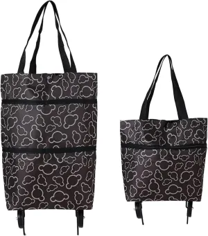 Collapsible Shopping Grocery Bag with Wheels Rolling Tote Bag with Wheels Large Reusable Shopping Bags Foldable Cart(Black Flower,Large)