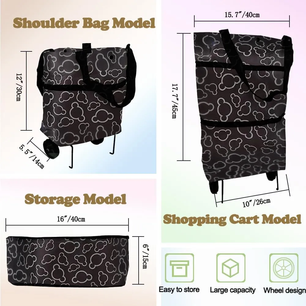 Collapsible Shopping Grocery Bag with Wheels Rolling Tote Bag with Wheels Large Reusable Shopping Bags Foldable Cart(Black Flower,Large)