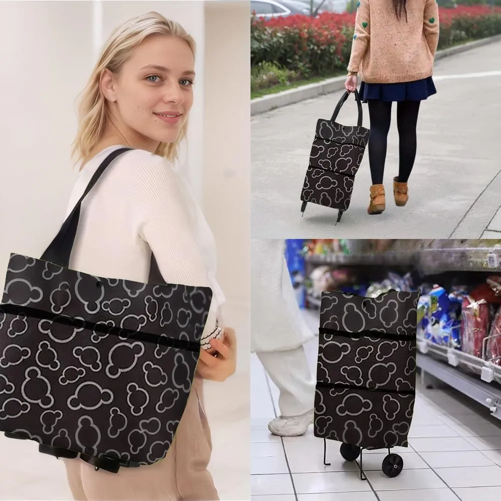 Collapsible Shopping Grocery Bag with Wheels Rolling Tote Bag with Wheels Large Reusable Shopping Bags Foldable Cart(Black Flower,Large)