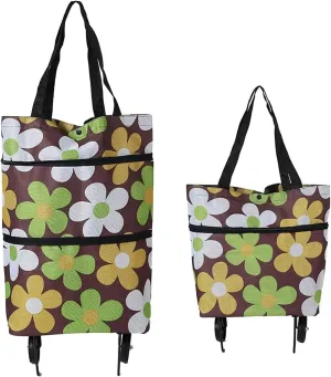 Collapsible Shopping Grocery Bag with Wheels Rolling Tote Bag with Wheels Large Reusable Shopping Bags Foldable Cart(Brown Flower,Large)