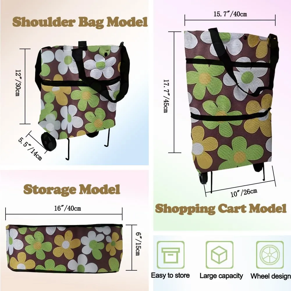 Collapsible Shopping Grocery Bag with Wheels Rolling Tote Bag with Wheels Large Reusable Shopping Bags Foldable Cart(Brown Flower,Large)