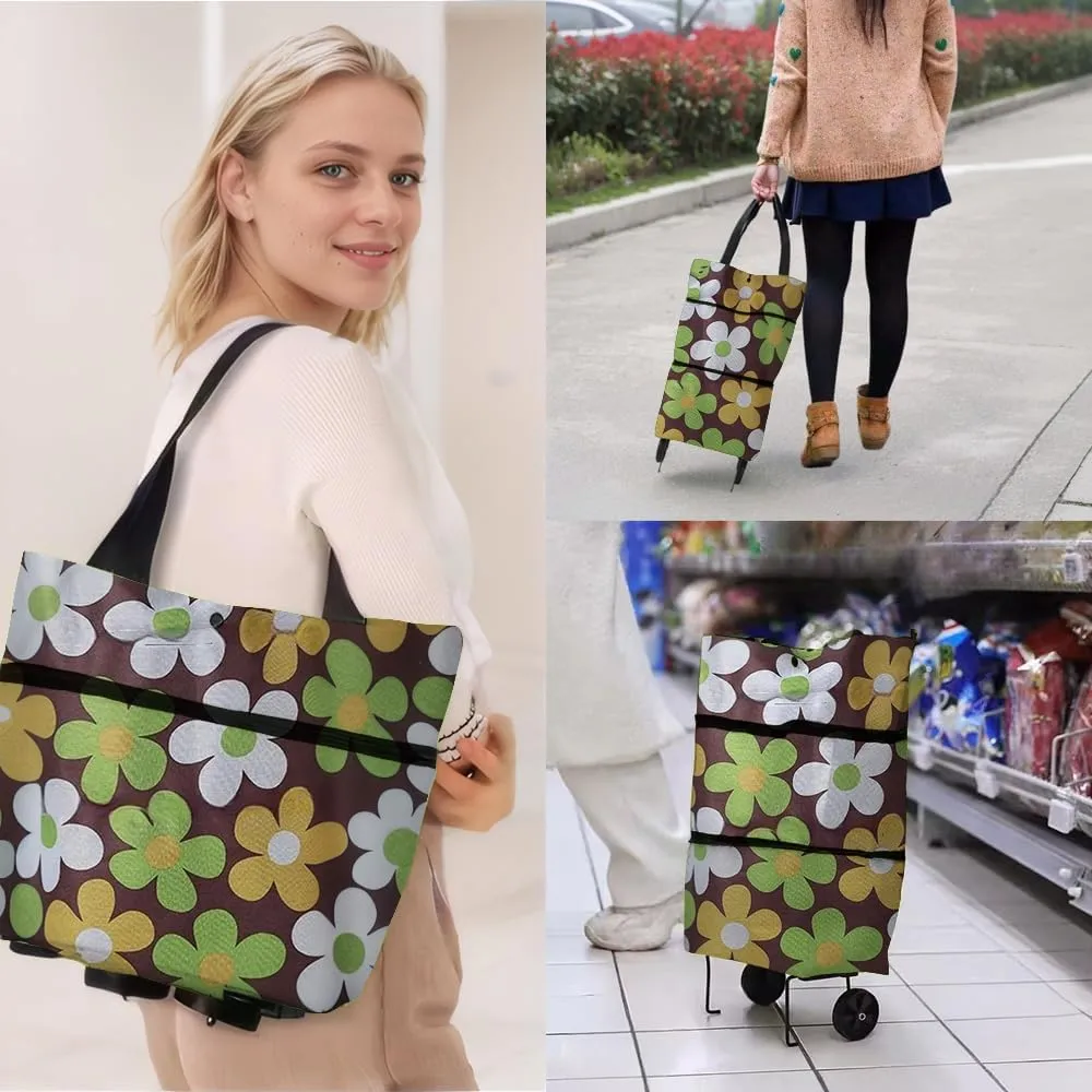Collapsible Shopping Grocery Bag with Wheels Rolling Tote Bag with Wheels Large Reusable Shopping Bags Foldable Cart(Brown Flower,Large)