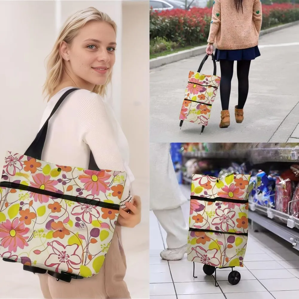 Collapsible Shopping Grocery Bag with Wheels Rolling Tote Bag with Wheels Large Reusable Shopping Bags Foldable Cart(Rich Flower,Large)
