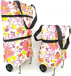 Collapsible Shopping Grocery Bag with Wheels Rolling Tote Bag with Wheels Large Reusable Shopping Bags Foldable Cart(Rich Flower,Large)