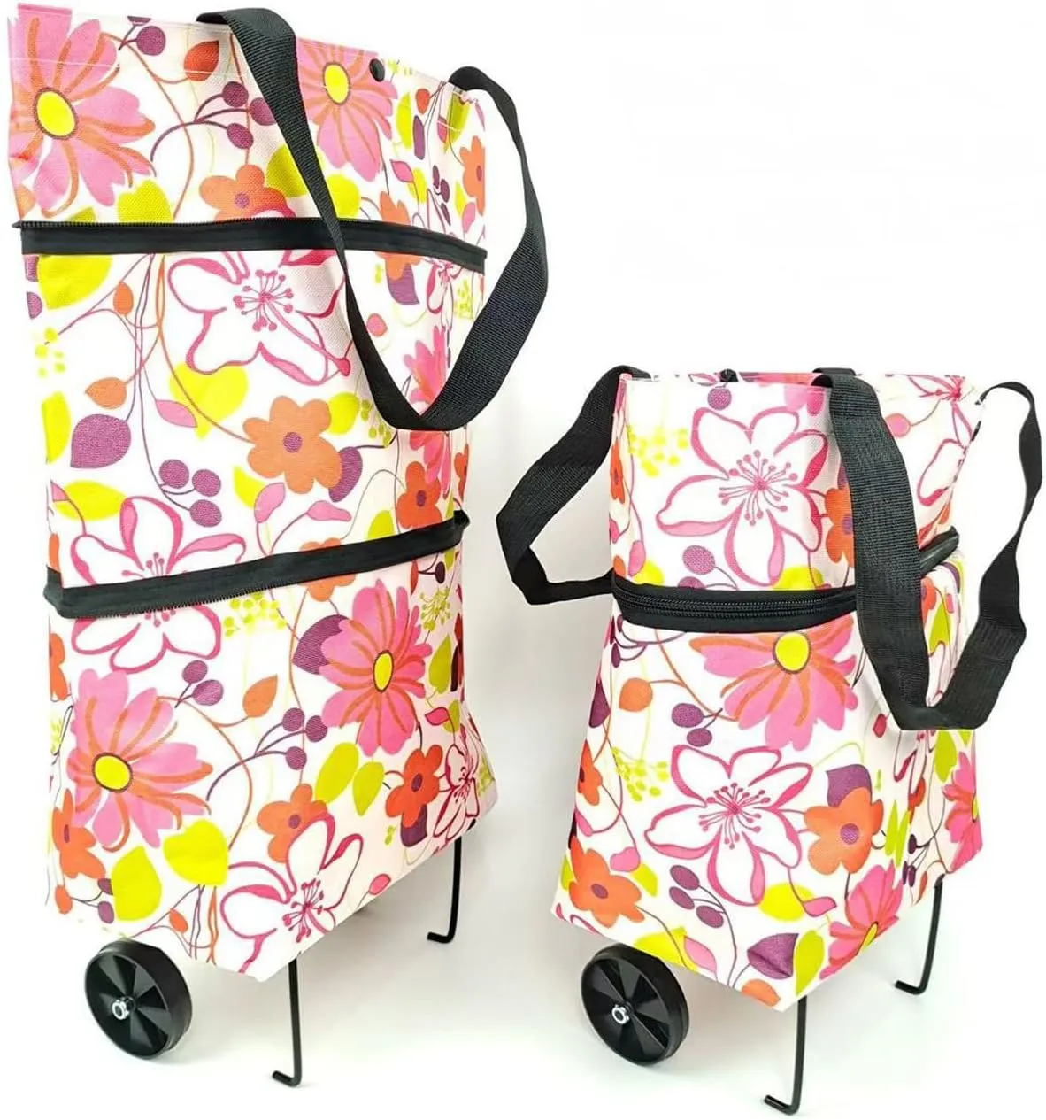 Collapsible Shopping Grocery Bag with Wheels Rolling Tote Bag with Wheels Large Reusable Shopping Bags Foldable Cart(Rich Flower,Large)
