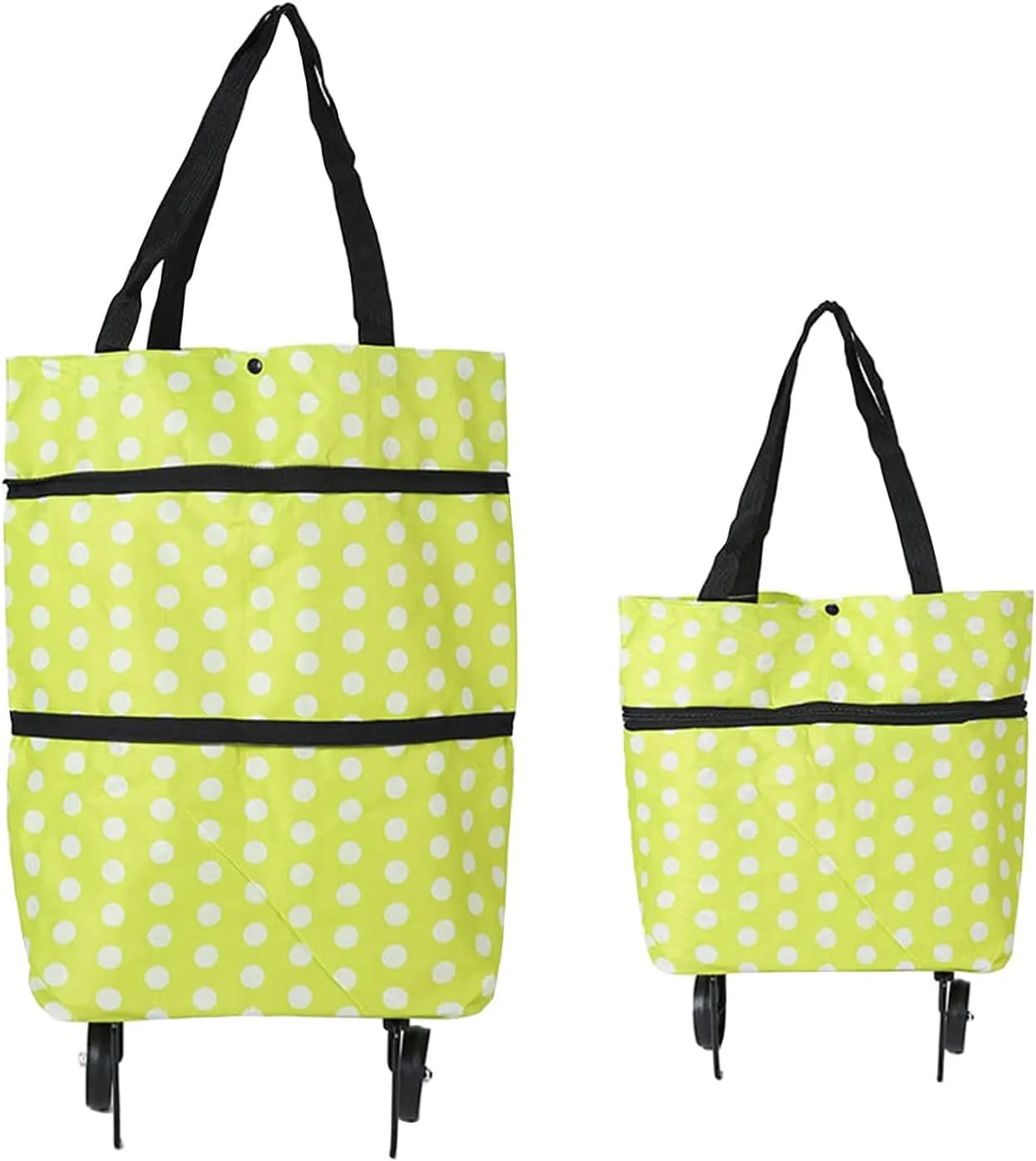 Collapsible Shopping Grocery Bag with Wheels Rolling Tote Bag with Wheels Large Reusable Shopping Bags Foldable Cart(Yellow Green Dot,Large)
