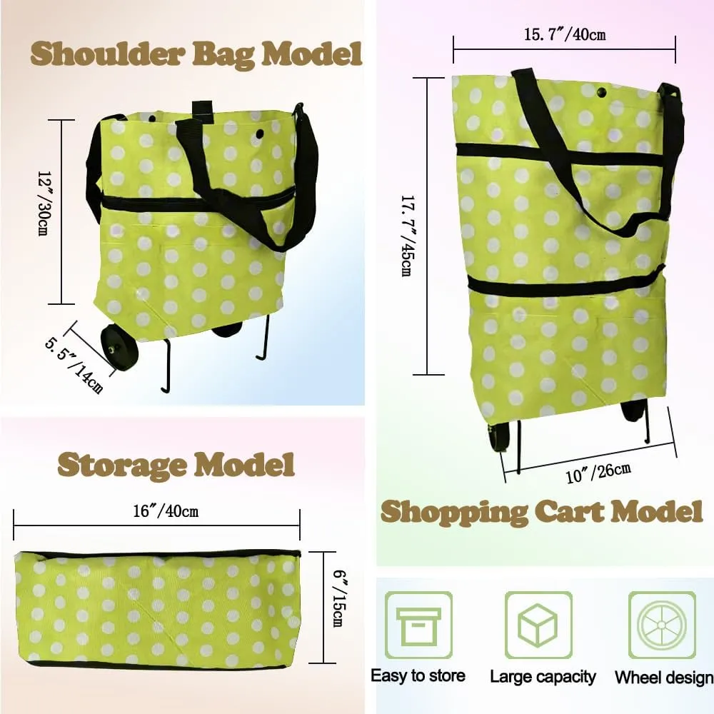 Collapsible Shopping Grocery Bag with Wheels Rolling Tote Bag with Wheels Large Reusable Shopping Bags Foldable Cart(Yellow Green Dot,Large)