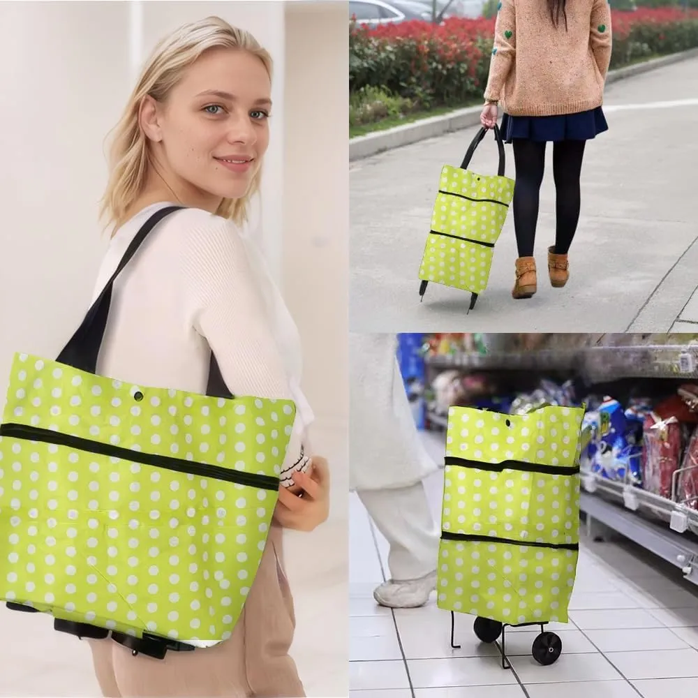 Collapsible Shopping Grocery Bag with Wheels Rolling Tote Bag with Wheels Large Reusable Shopping Bags Foldable Cart(Yellow Green Dot,Large)