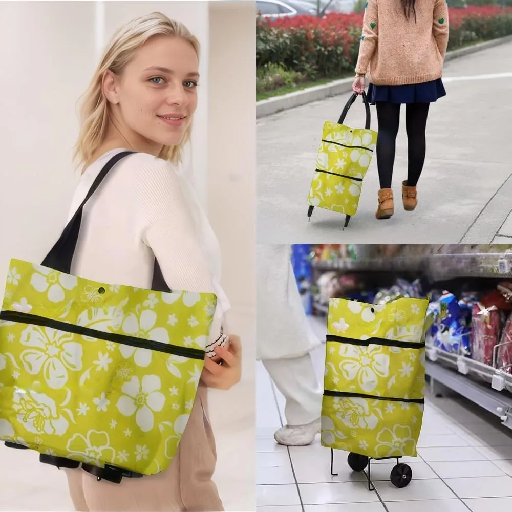 Collapsible Shopping Grocery Bag with Wheels Rolling Tote Bag with Wheels Large Reusable Shopping Bags Foldable Cart(Yellow Green Flower,Large)