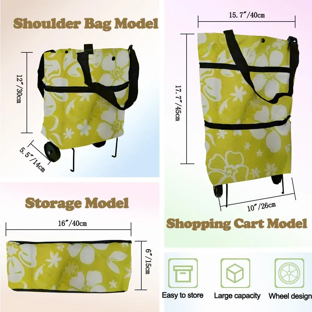 Collapsible Shopping Grocery Bag with Wheels Rolling Tote Bag with Wheels Large Reusable Shopping Bags Foldable Cart(Yellow Green Flower,Large)