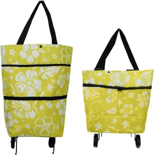 Collapsible Shopping Grocery Bag with Wheels Rolling Tote Bag with Wheels Large Reusable Shopping Bags Foldable Cart(Yellow Green Flower,Large)