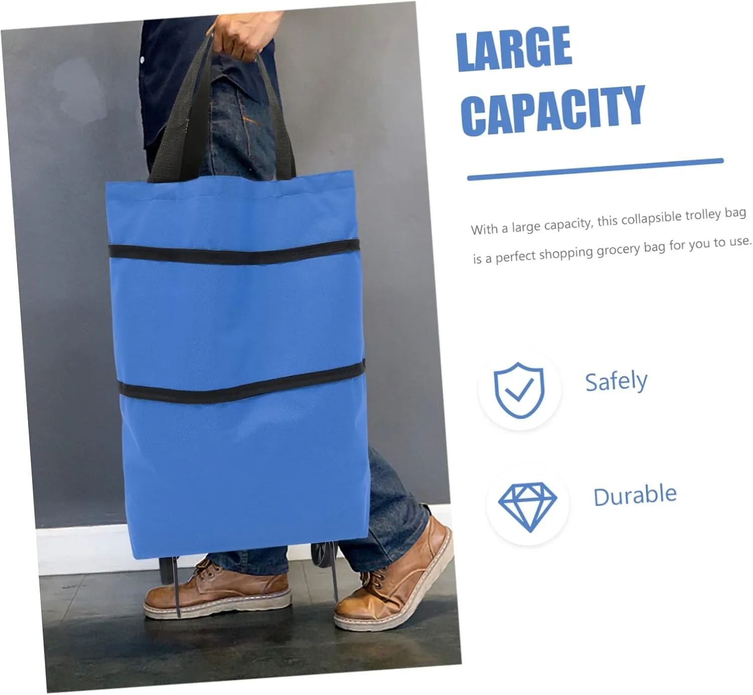 Collapsible Trolley Bag with Wheels Capacity Grocery Bag Foldable Shopping Storage for Laundry and Groceries