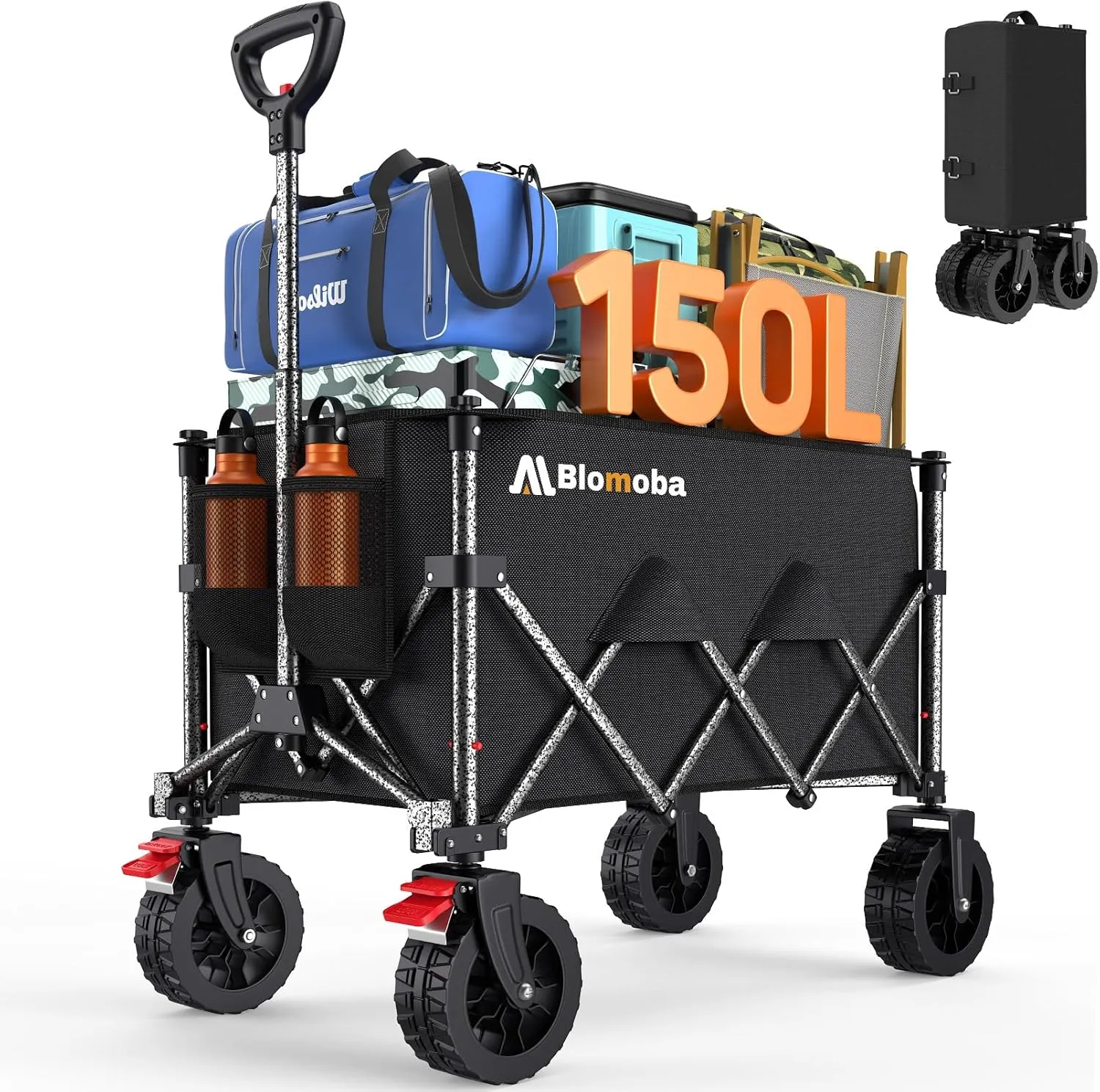 Collapsible Wagon Cart, 150L Heavy Duty Foldable Beach Wagon with Wider Wheels & Auto-Rebound Handle, Utility Grocery Shopping Cart for Garden, Shopping, Camping, Sports, Black