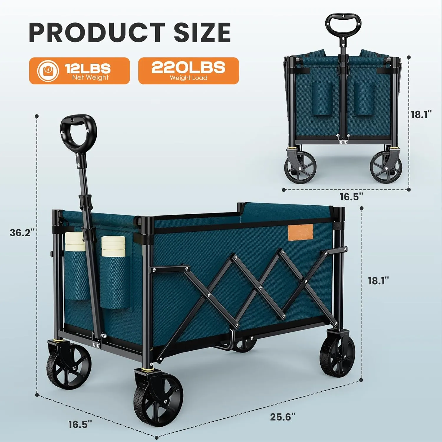 Collapsible Wagon Cart Foldable with 220lbs Weight Capacity, Lightweight Portable Folding Grocery Shopping Cart with Wheels for Camping Sports Beach and Shopping, Blue