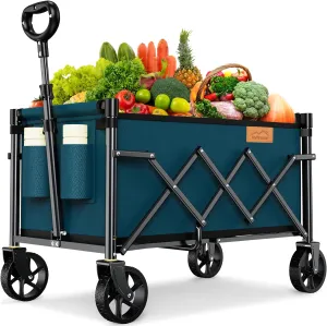 Collapsible Wagon Cart Foldable with 220lbs Weight Capacity, Lightweight Portable Folding Grocery Shopping Cart with Wheels for Camping Sports Beach and Shopping, Blue