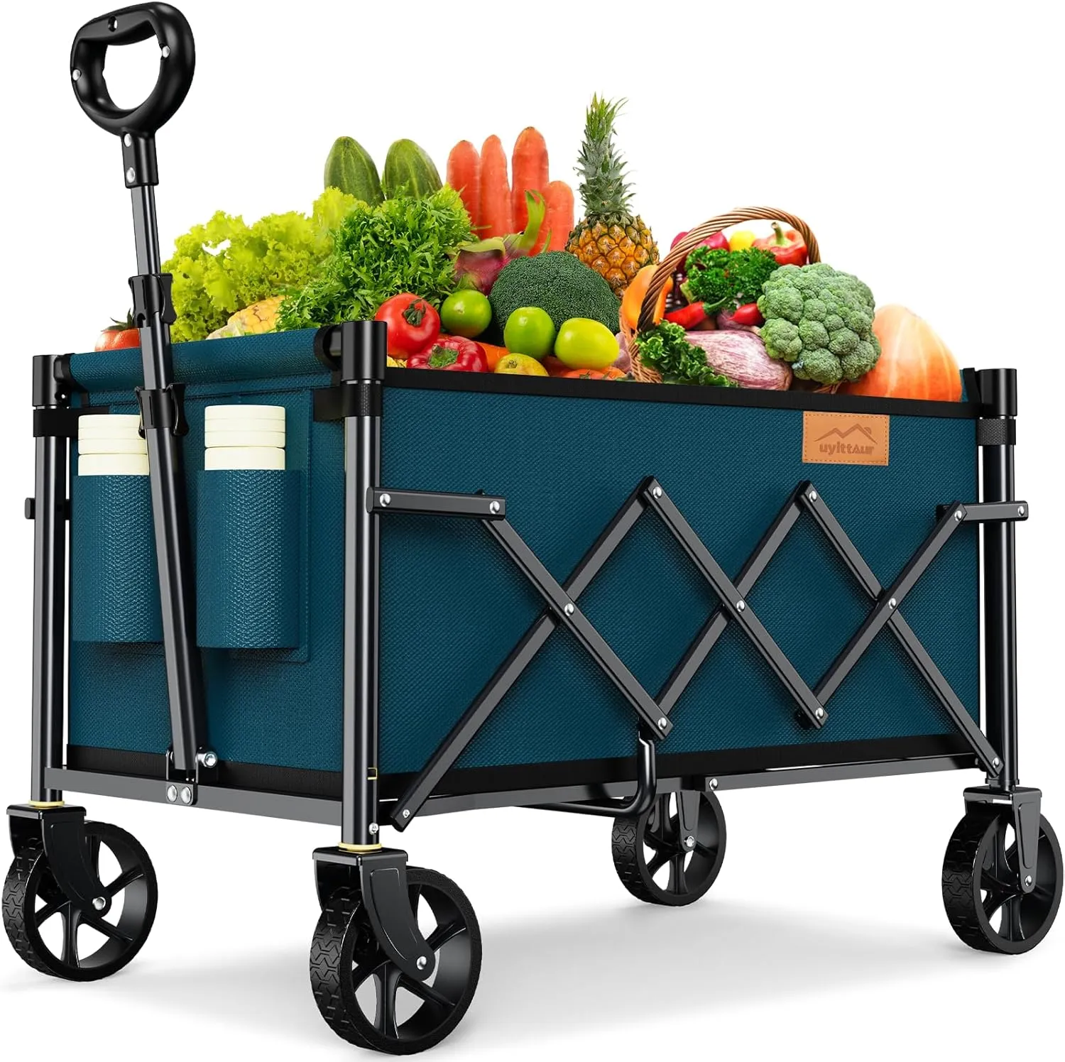 Collapsible Wagon Cart Foldable with 220lbs Weight Capacity, Lightweight Portable Folding Grocery Shopping Cart with Wheels for Camping Sports Beach and Shopping, Blue