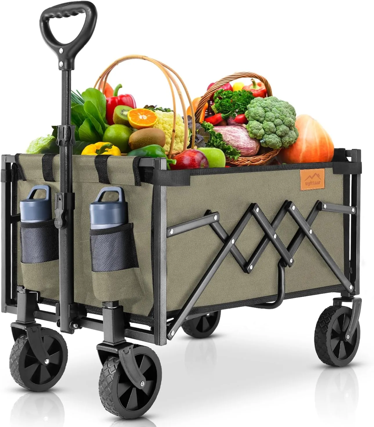 Collapsible Wagon Cart Foldable with 220lbs Weight Capacity, Lightweight Portable Folding Grocery Shopping Cart with Wheels for Camping Sports Beach and Shopping, Khaki