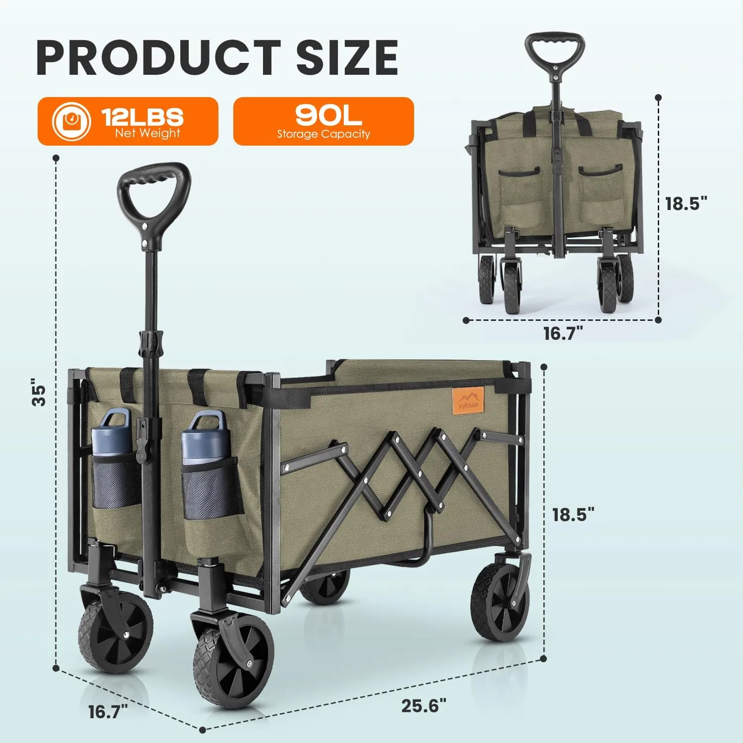 Collapsible Wagon Cart Foldable with 220lbs Weight Capacity, Lightweight Portable Folding Grocery Shopping Cart with Wheels for Camping Sports Beach and Shopping, Khaki