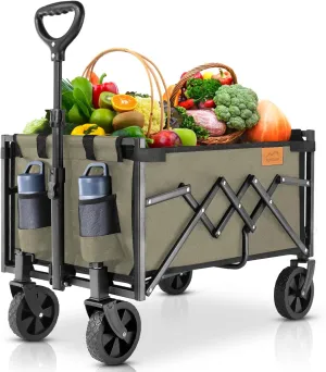Collapsible Wagon Cart Foldable with 220lbs Weight Capacity, Lightweight Portable Folding Grocery Shopping Cart with Wheels for Camping Sports Beach and Shopping, Khaki