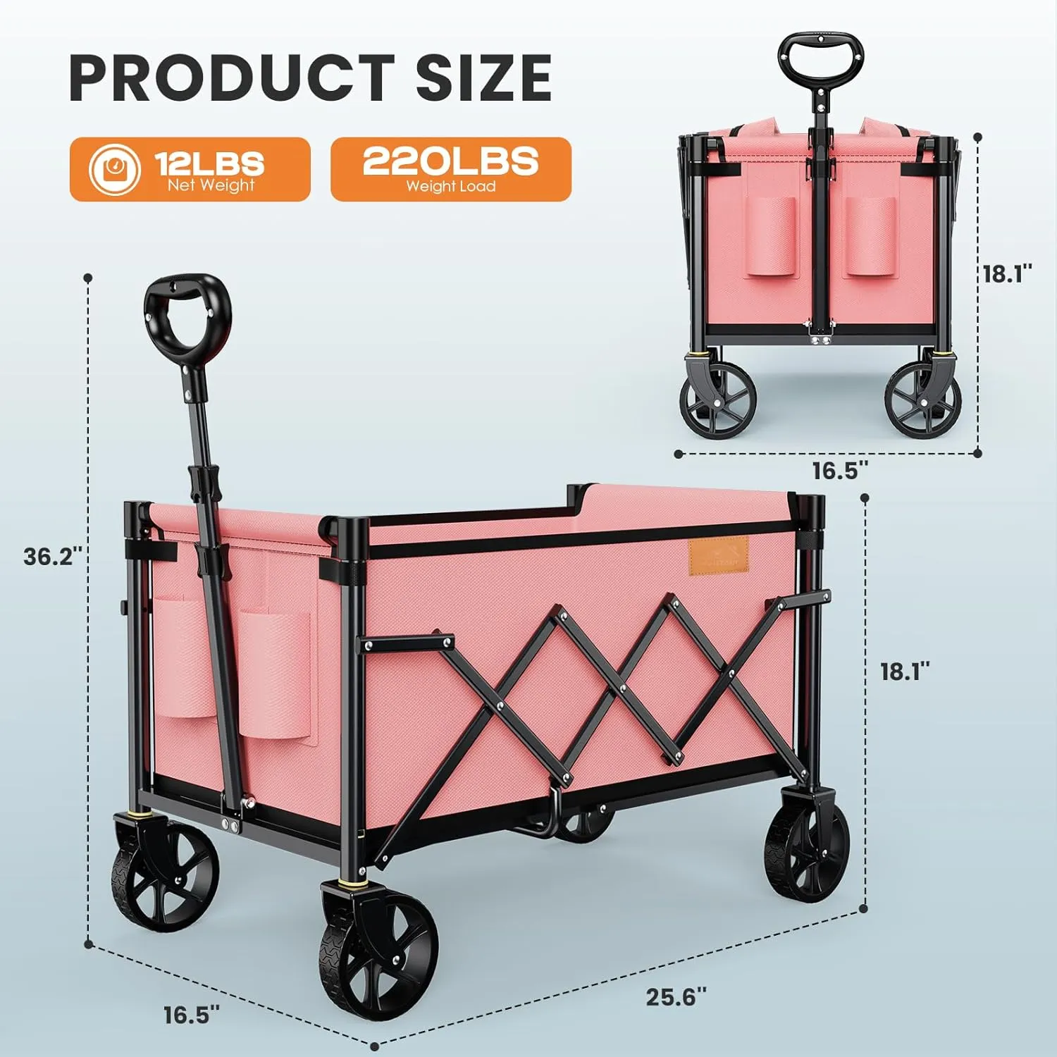 Collapsible Wagon Cart Foldable with 220lbs Weight Capacity, Lightweight Portable Folding Grocery Shopping Cart with Wheels for Camping Sports Beach and Shopping, Pink