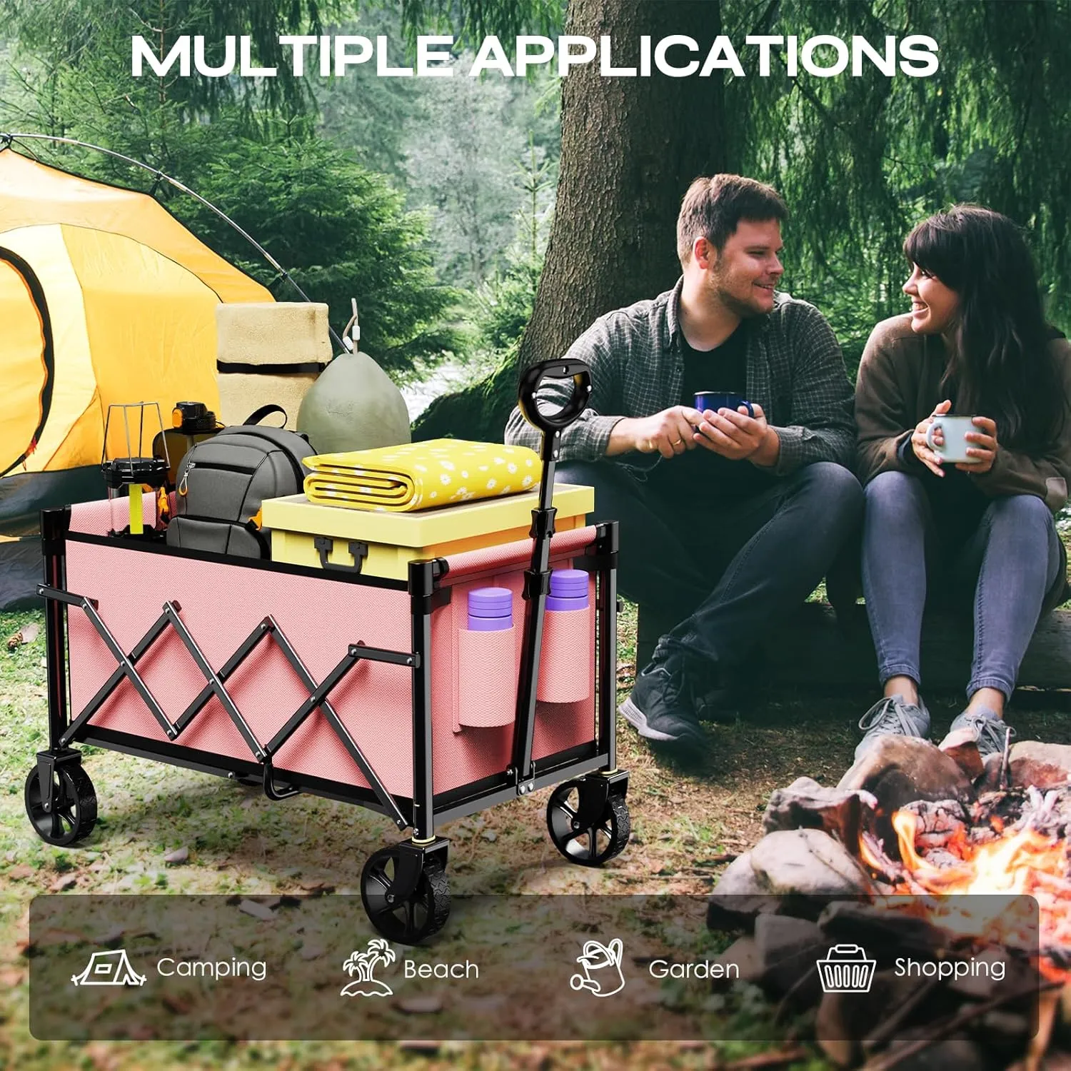 Collapsible Wagon Cart Foldable with 220lbs Weight Capacity, Lightweight Portable Folding Grocery Shopping Cart with Wheels for Camping Sports Beach and Shopping, Pink