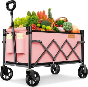Collapsible Wagon Cart Foldable with 220lbs Weight Capacity, Lightweight Portable Folding Grocery Shopping Cart with Wheels for Camping Sports Beach and Shopping, Pink