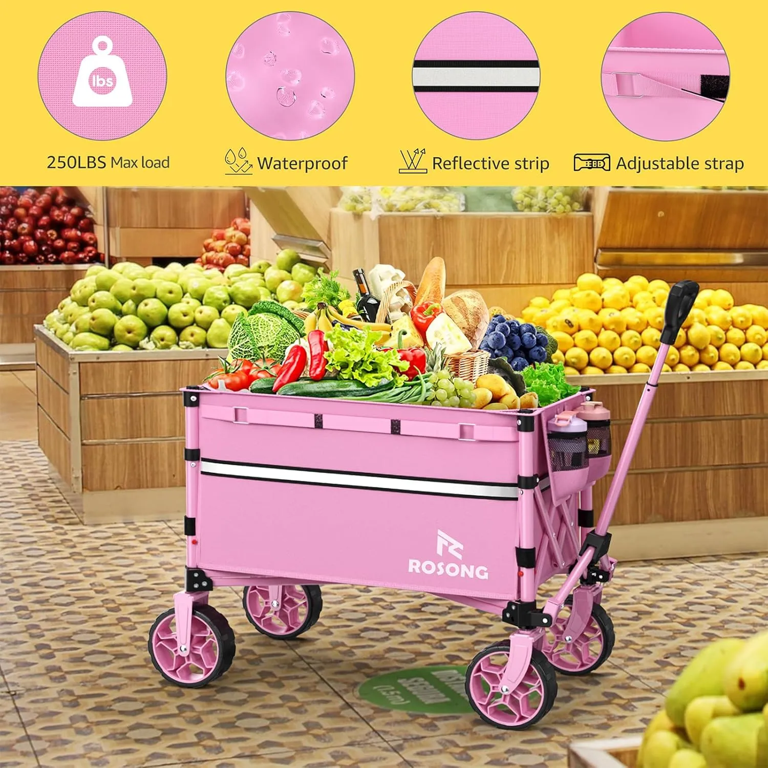 Collapsible Wagon Cart with Wheels Foldable - Folding Utility Heavy Duty Wagons Carts for Grocery Sports Garden Shopping Camping Pink