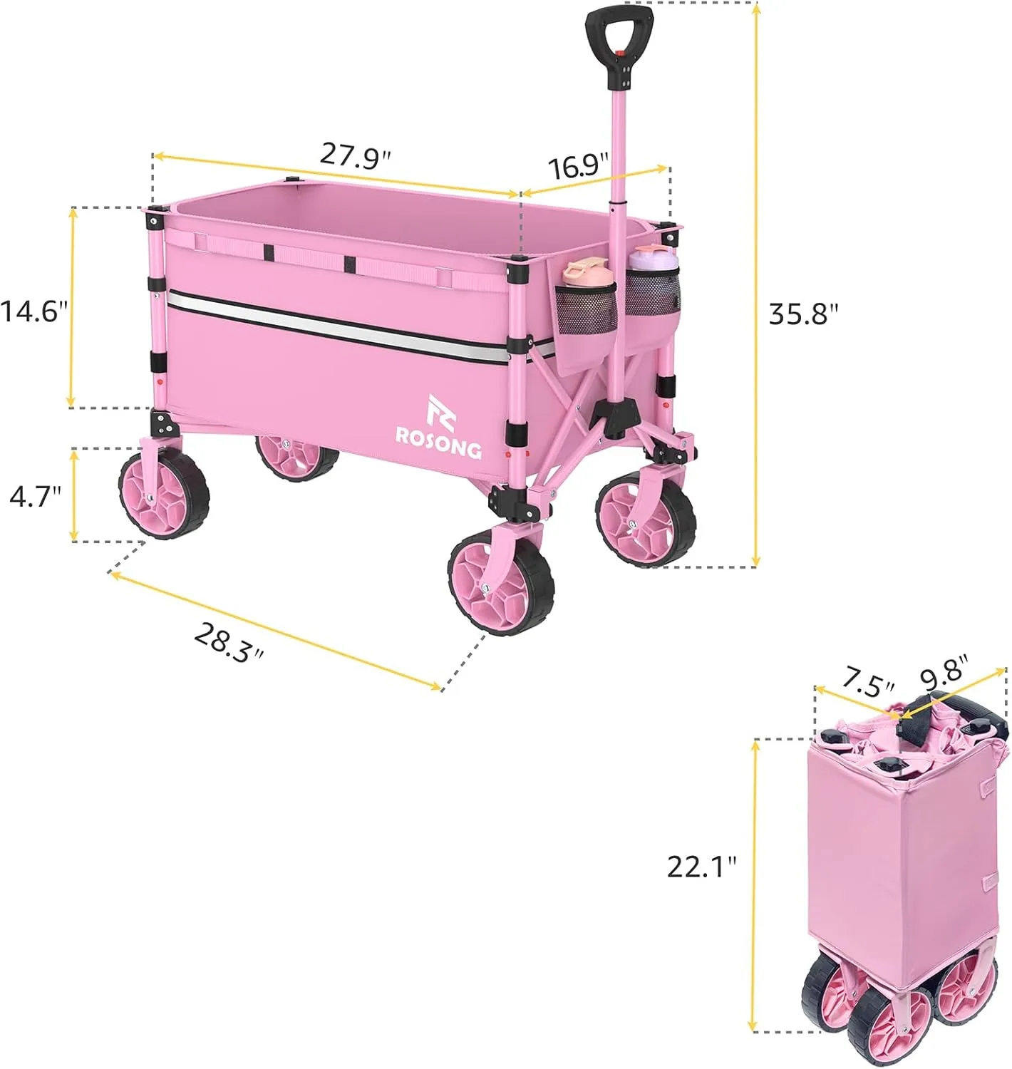 Collapsible Wagon Cart with Wheels Foldable - Folding Utility Heavy Duty Wagons Carts for Grocery Sports Garden Shopping Camping Pink