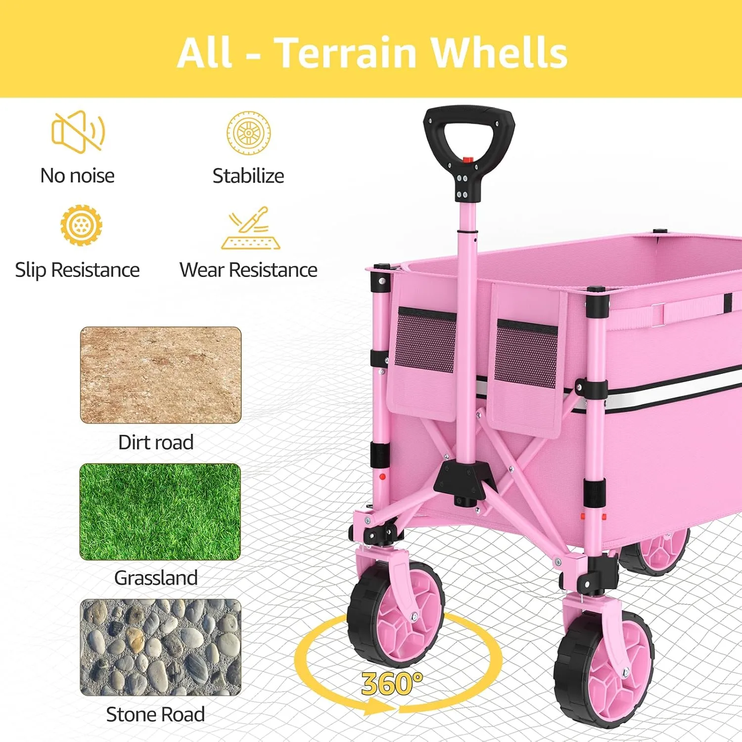Collapsible Wagon Cart with Wheels Foldable - Folding Utility Heavy Duty Wagons Carts for Grocery Sports Garden Shopping Camping Pink