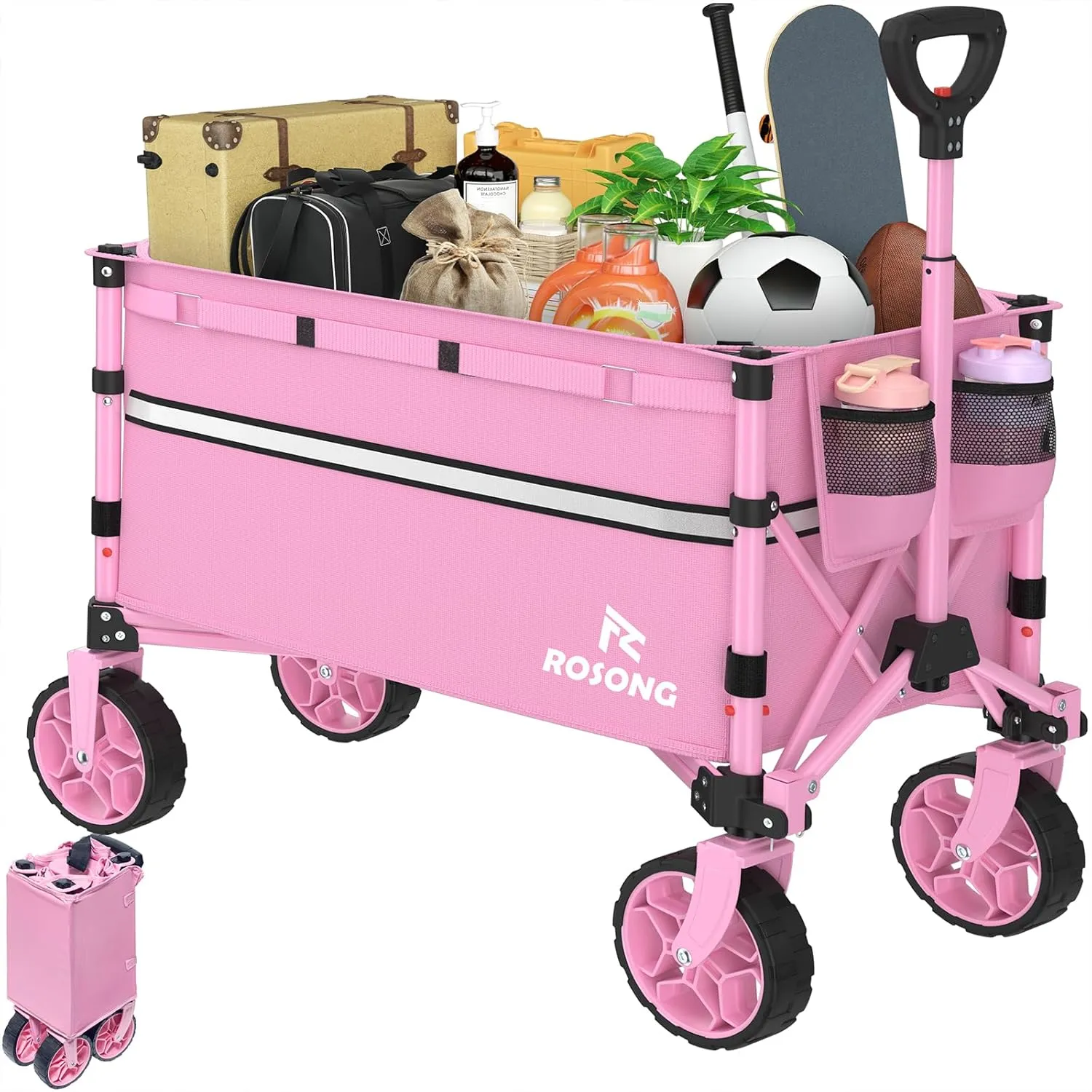 Collapsible Wagon Cart with Wheels Foldable - Folding Utility Heavy Duty Wagons Carts for Grocery Sports Garden Shopping Camping Pink