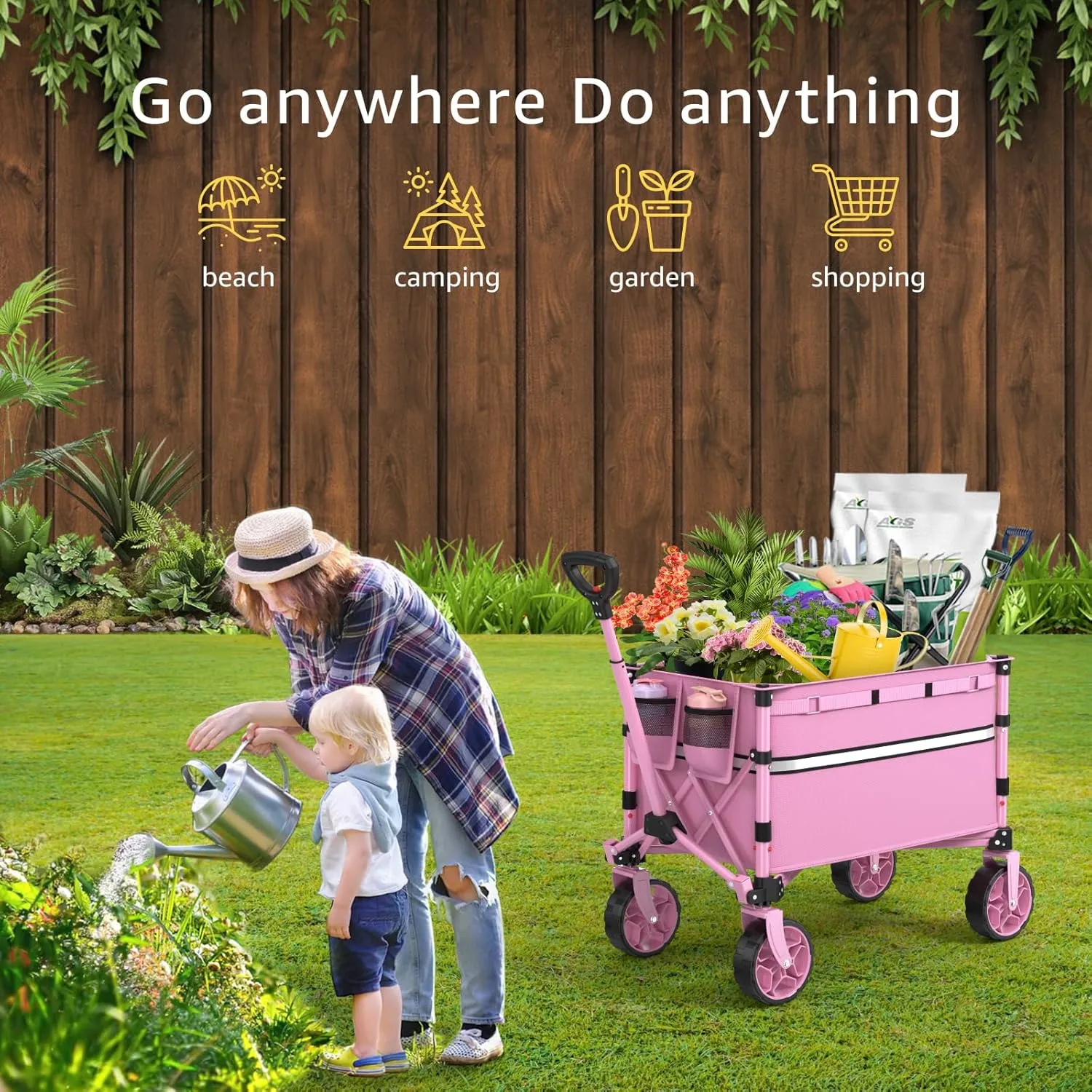 Collapsible Wagon Cart with Wheels Foldable - Folding Utility Heavy Duty Wagons Carts for Grocery Sports Garden Shopping Camping Pink